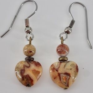 Marble Stone Heart Brown Dangle Silver Hook Earrings 1.5"